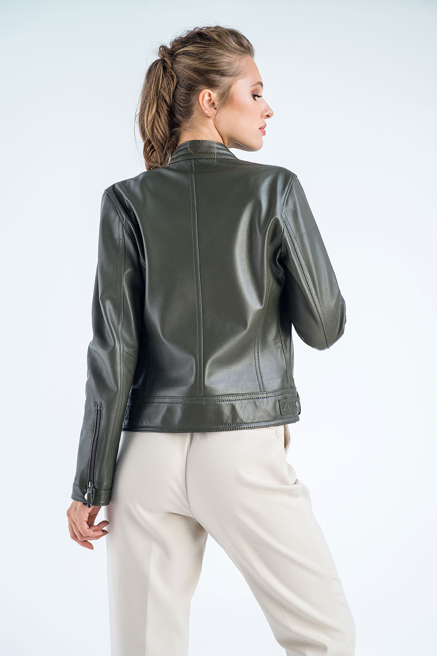 Olive Genuine Cropped Leather Jacket