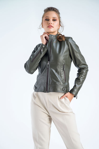 Olive Genuine Cropped Leather Jacket