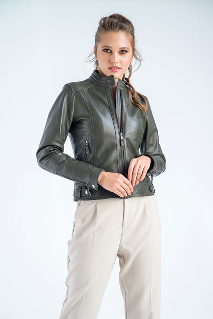 Olive Genuine Cropped Leather Jacket