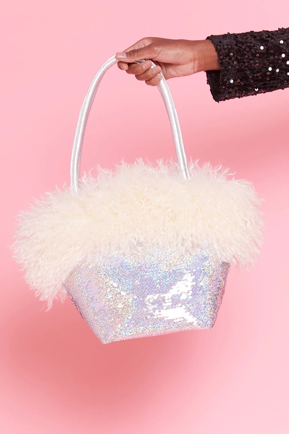 Silver Bamboo Sequin Faux Fur Bag