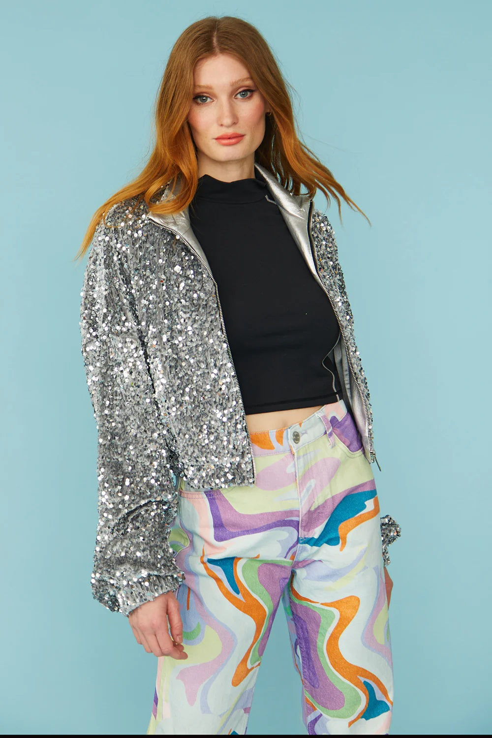 Silver Sequin Cropped Biker Jacket