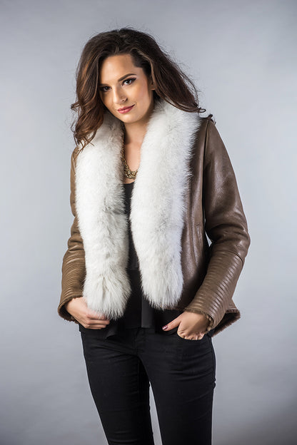 Taupe Merino Shearling Jacket with Arctic Fox Fur Collar