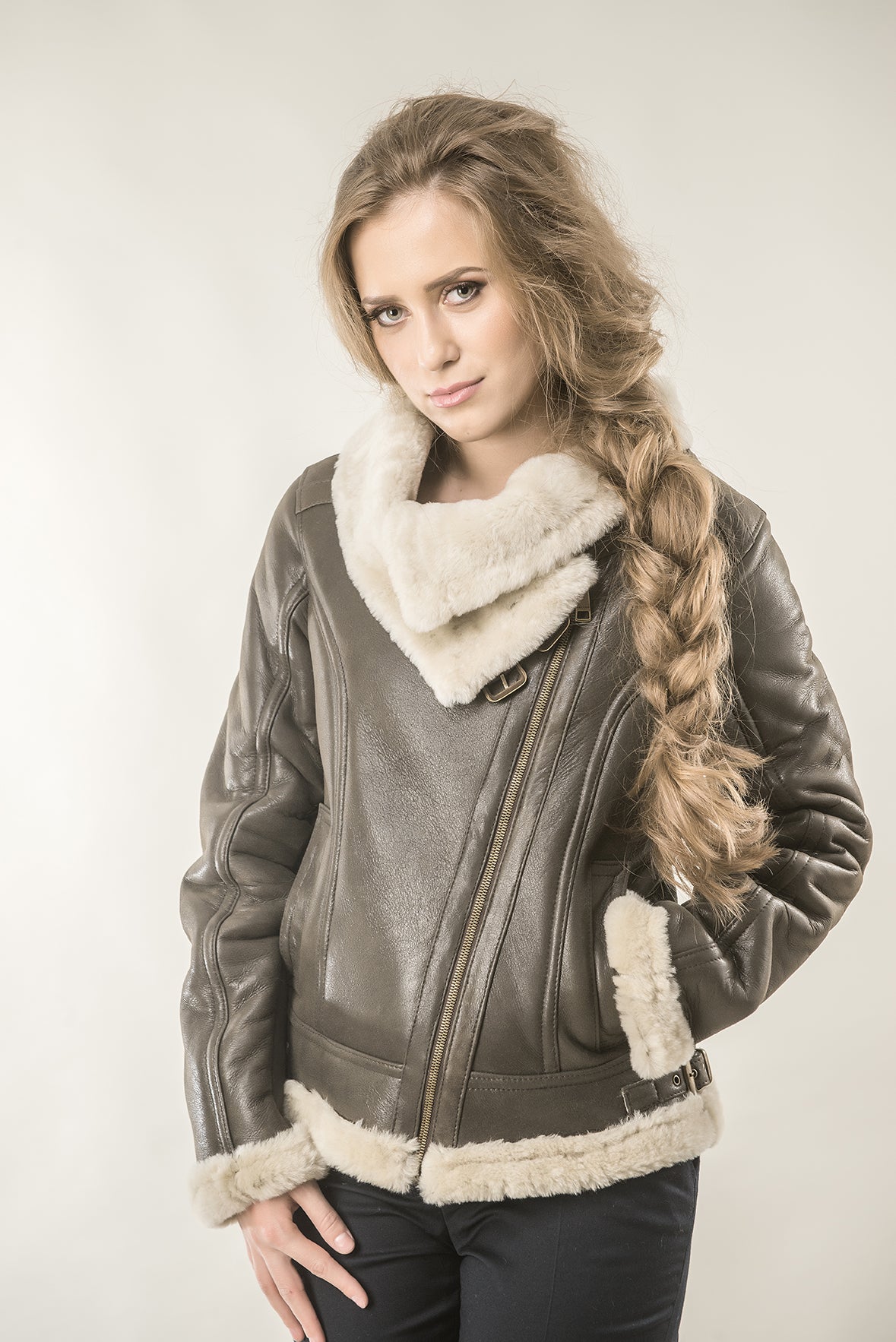 Brown Shearling Leather Biker Jacket with Merino Fur