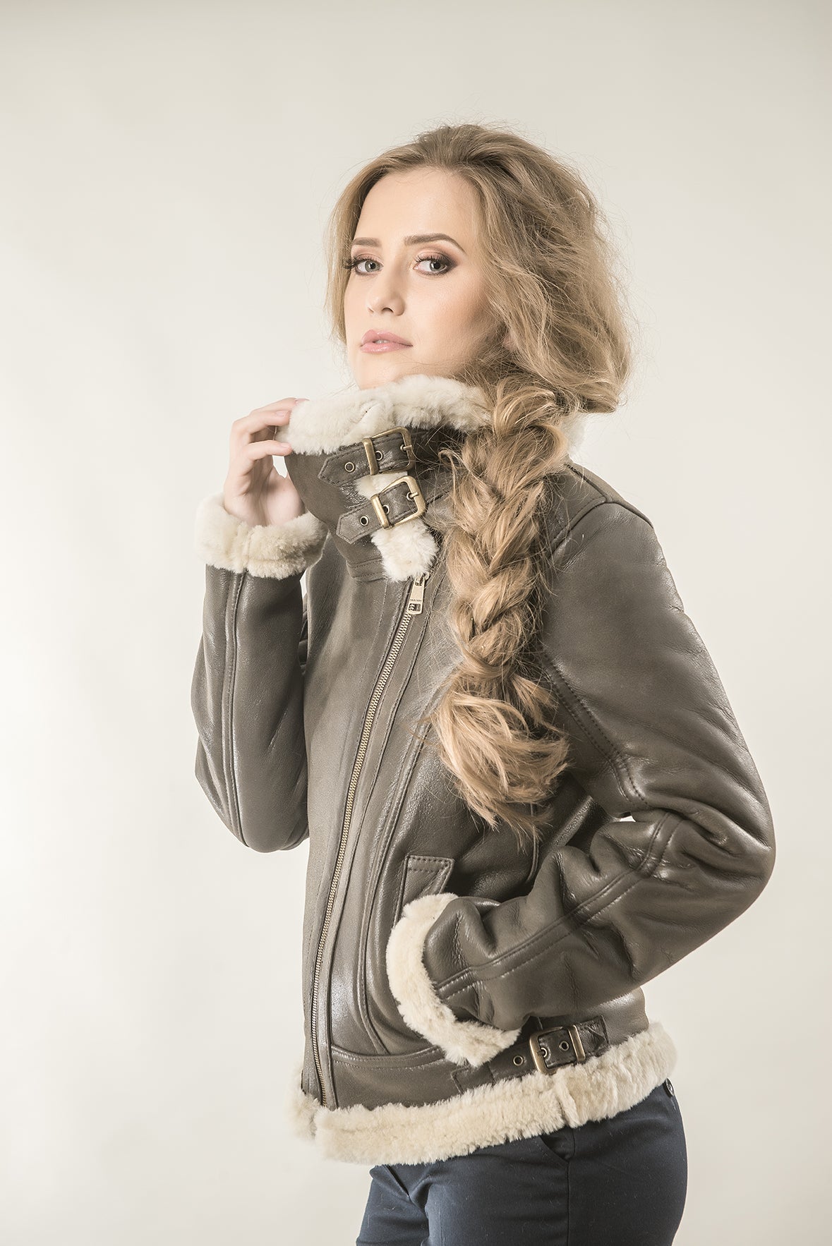 Brown Shearling Leather Biker Jacket with Merino Fur