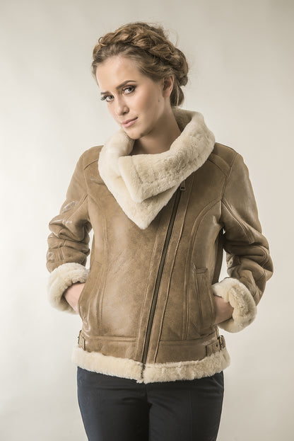 Light Brown Shearling Leather Biker Jacket with Merino Fur