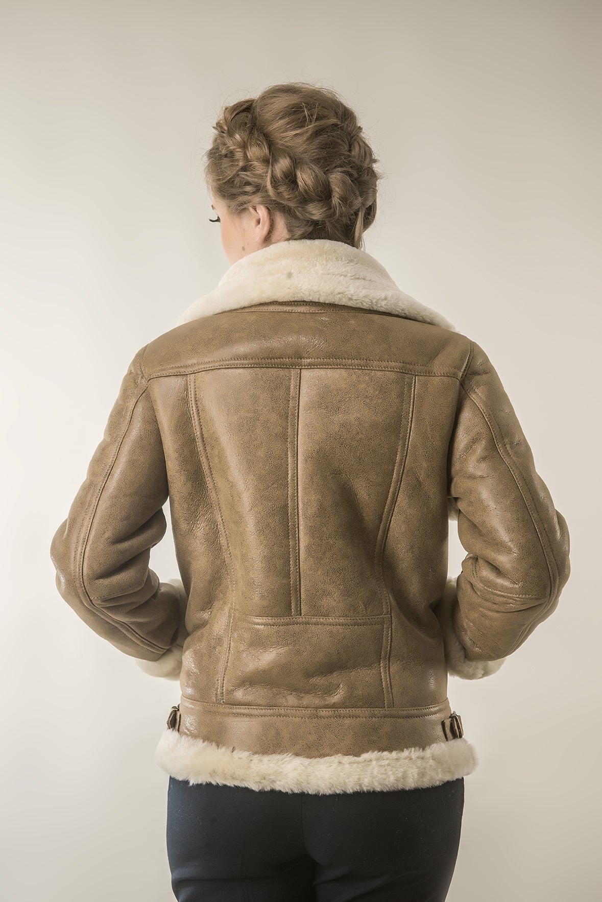 Light Brown Shearling Leather Biker Jacket with Merino Fur