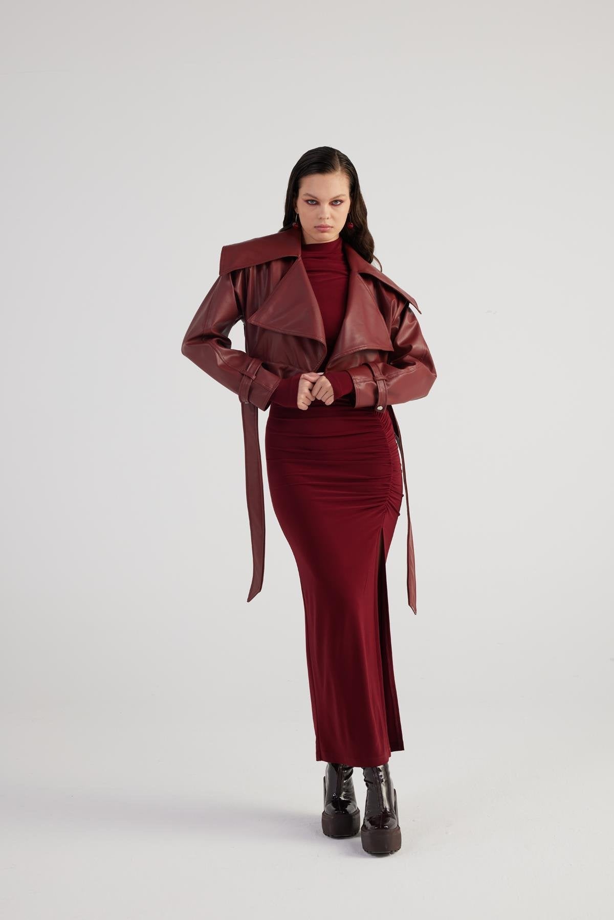 Neeko Burgundy Faux Leather Cropped Jacket