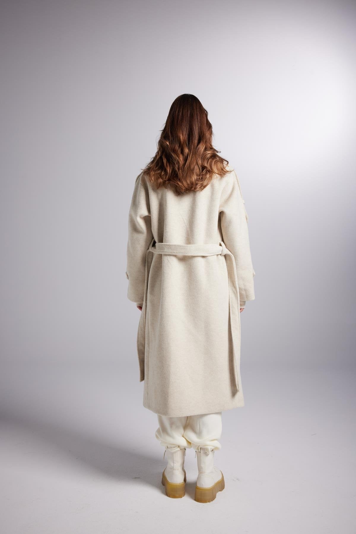 Accessorized Wool Blended Cashmere Maxi Woody Ecru Coat