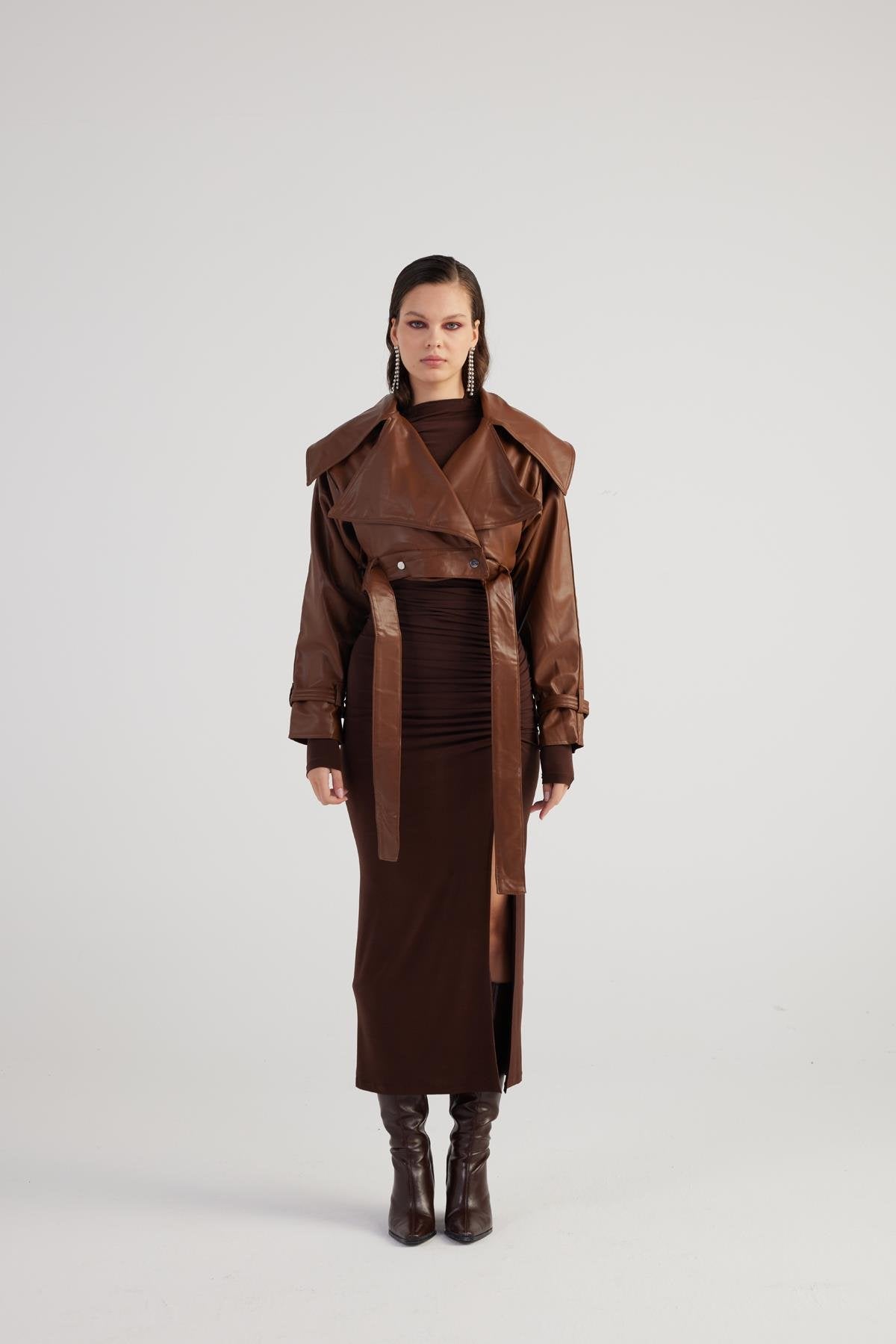 Neeko Chocolate Faux Leather Cropped Jacket