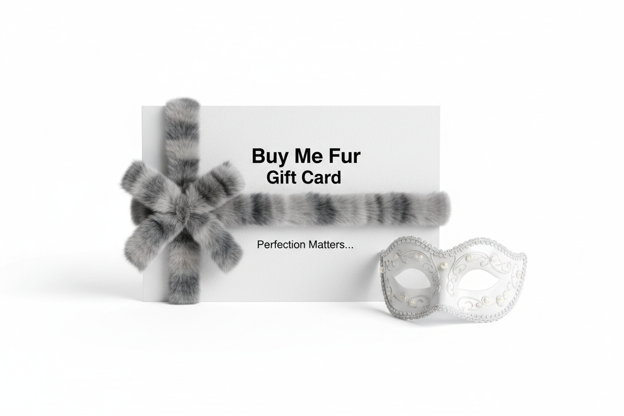 Buy Me Fur Gift Card, Gift Card color white and looks like a gift, add chinchilla fur ribbon, Create minimalist design, text color black with sans serif bold font, add slogan: "Perfection Matters…", add venetian mask with isolated background, remove value!