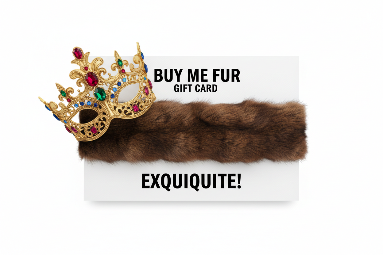 Buy Me Fur Gift Card, Gift Card color white and looks like a gift, add sable fur ribbon, Create minimalist design, text color black with sans serif bold font, add slogan: "Exquisite!", add real queen crown mask to outside of card with isolated background, remove value!