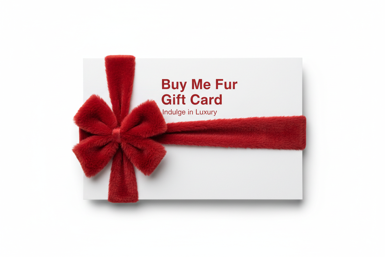 Buy Me Fur Gift Card, Gift Card white and looks like a gift, add red fur ribbon, Create minimalist design with sans serif bold font, with isolated background, remove value!