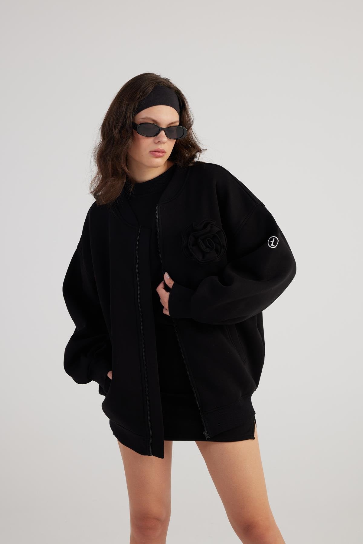 Alexa Black Oversize Bomber Jacket with Removable Rose Accessory