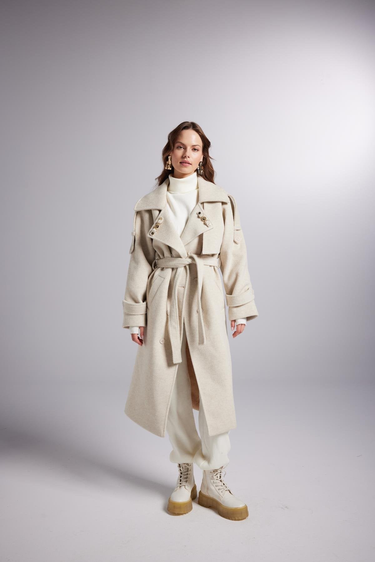 Accessorized Wool Blended Cashmere Maxi Woody Ecru Coat