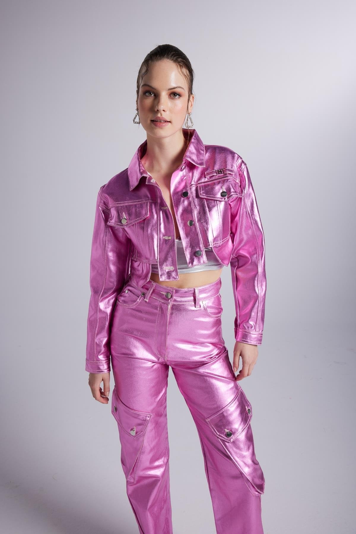 Metallic Pink Glossy Millen Cropped Jacket