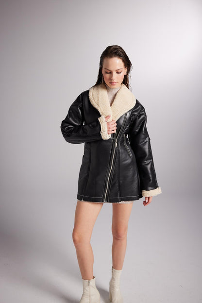 Monero Black Vegan Faux Leather Coat with Fur Lining