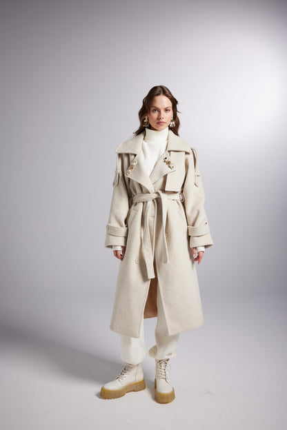 Accessorized Wool Blended Cashmere Maxi Woody Ecru Coat