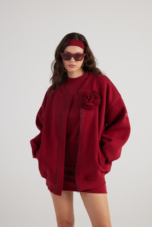 Alexa Burgundy Oversize Bomber Jacket with Removable Rose Accessory