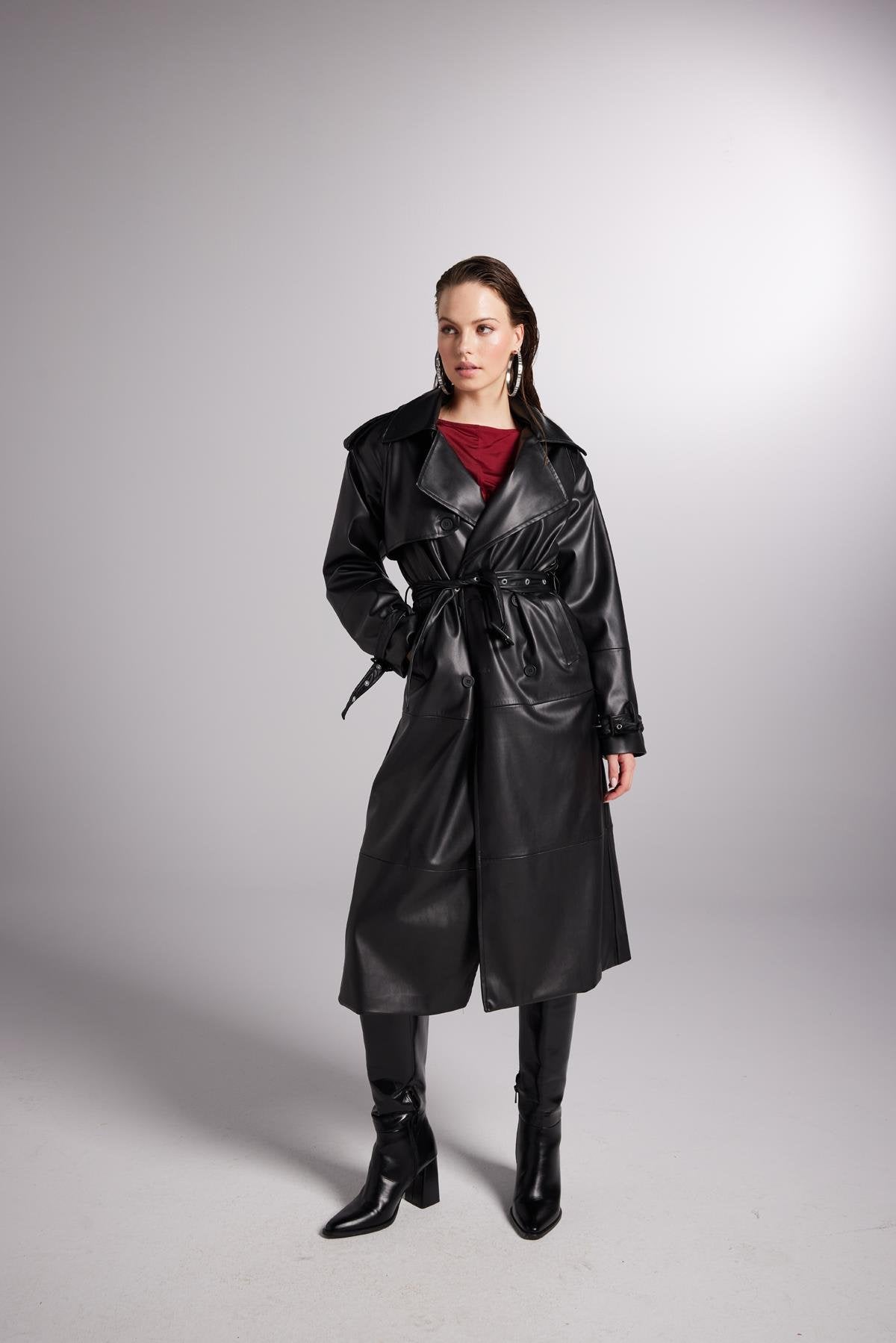 Collider Black Faux Leather Trench Coat