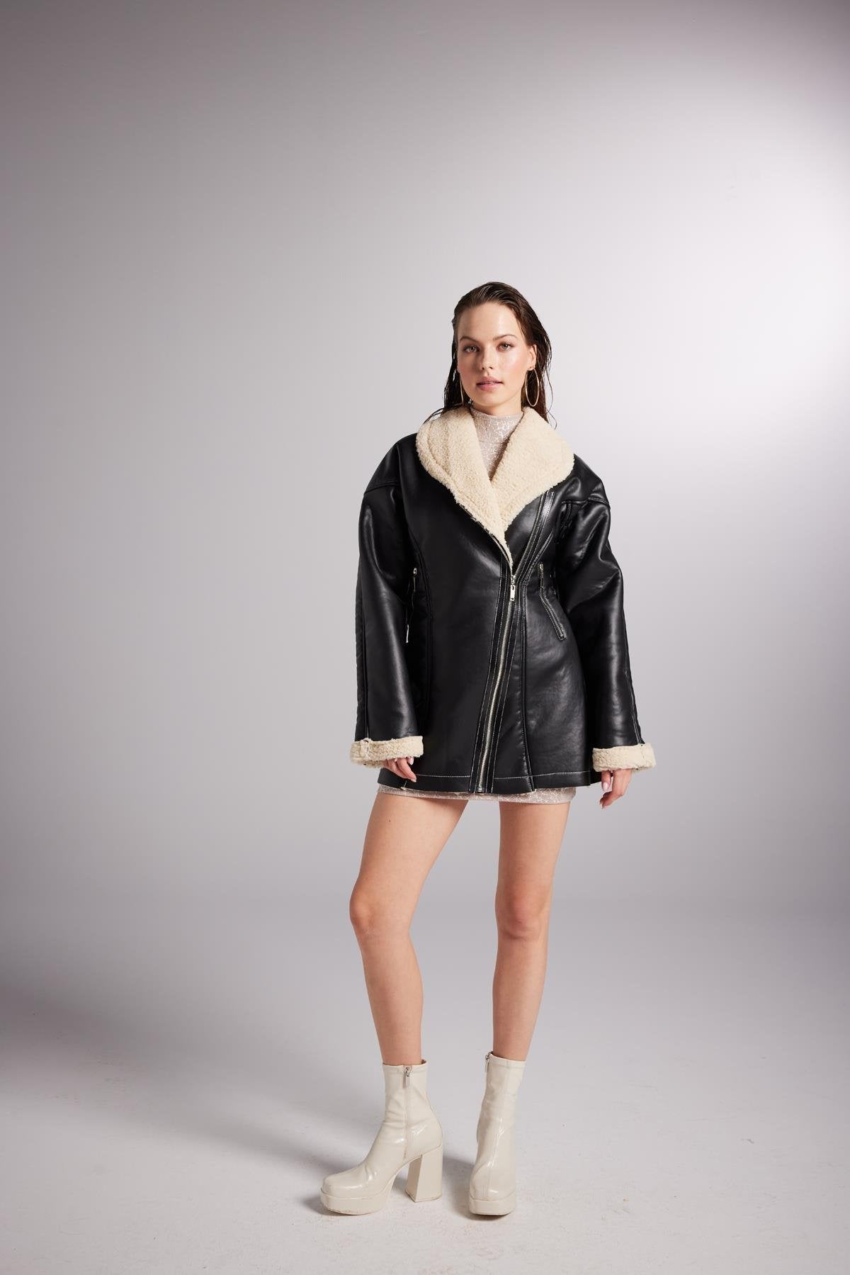 Monero Black Vegan Faux Leather Coat with Fur Lining