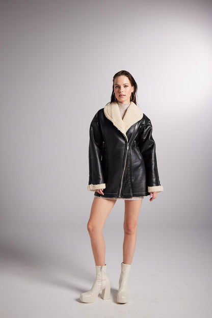 Monero Black Vegan Faux Leather Coat with Fur Lining