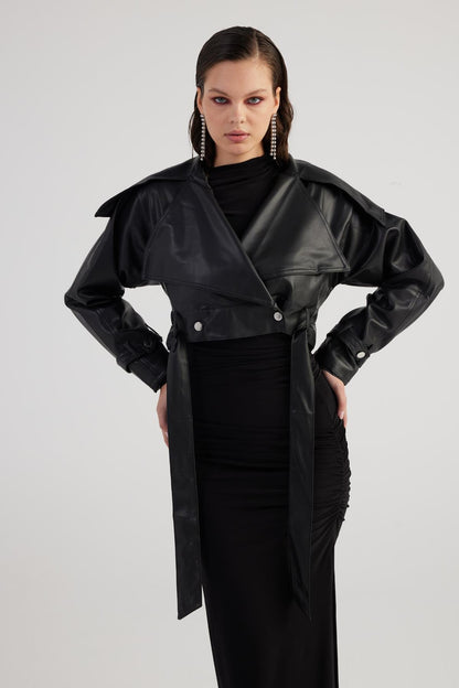 Neeko Black Faux Leather Cropped Jacket