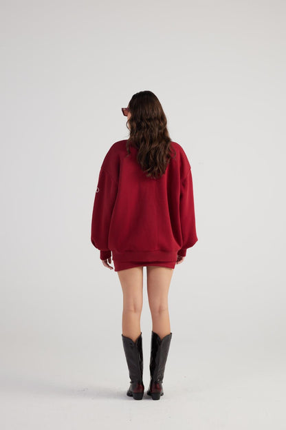 Alexa Burgundy Oversize Bomber Jacket with Removable Rose Accessory