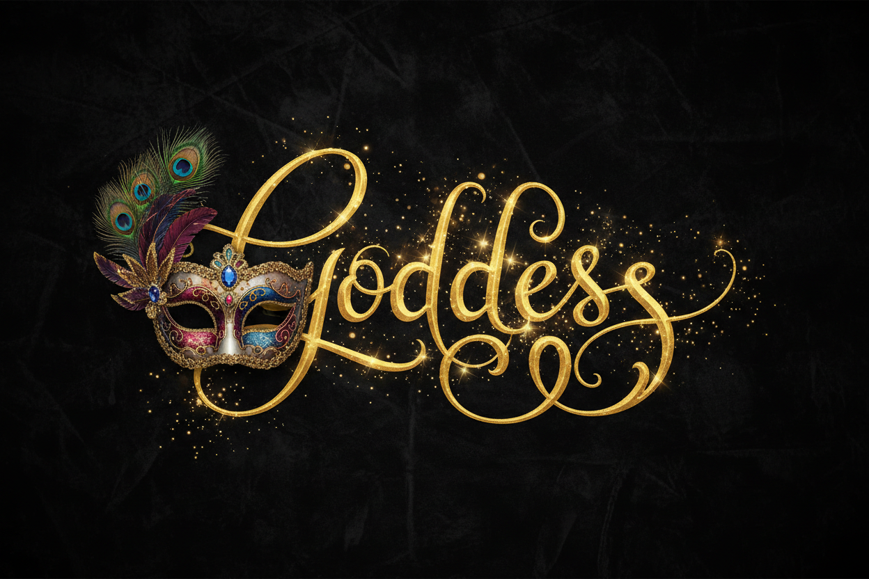 Goddess text (Goddesstext icludes 2 "S" letter) with magical sparkle and with venetian mask