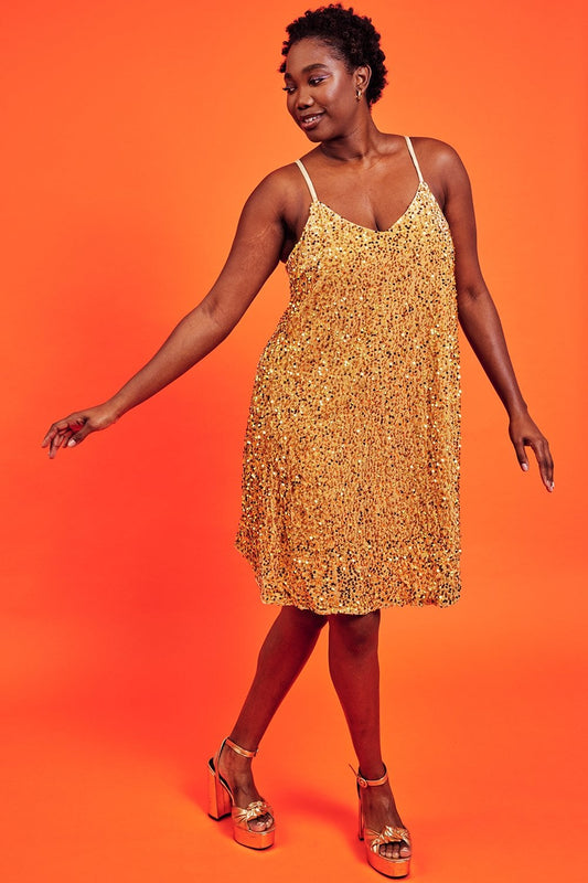 Gold Sequin Curve Size Cami Swing Dress