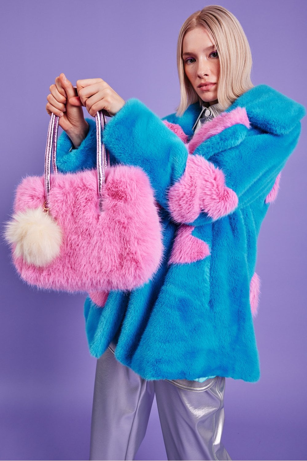 Blue Eco Bamboo Faux Fur Coat with Love Heart Detailing