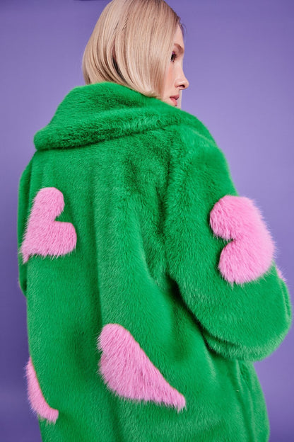 Green Eco Bamboo Faux Fur Coat with Love Heart Detailing