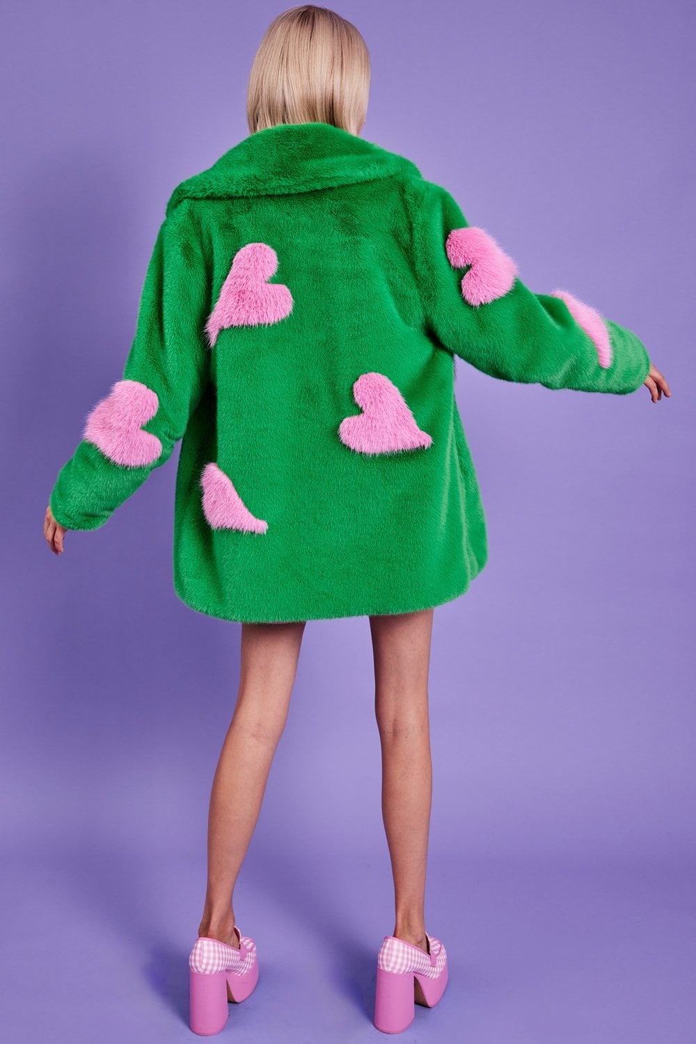 Green Eco Bamboo Faux Fur Coat with Love Heart Detailing