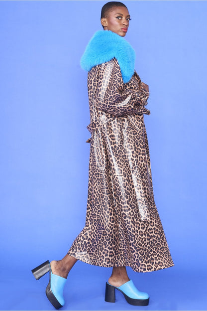 Mocha Banana Peel Eco Leather Leopard Print Trench Coat