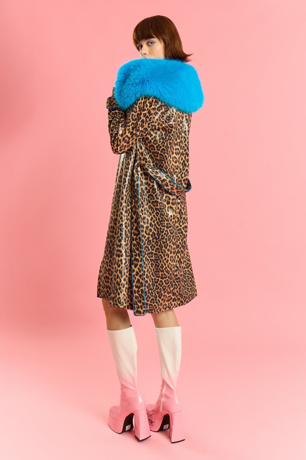 Blue Faux Suede Trench Coat with Faux Fur Collar