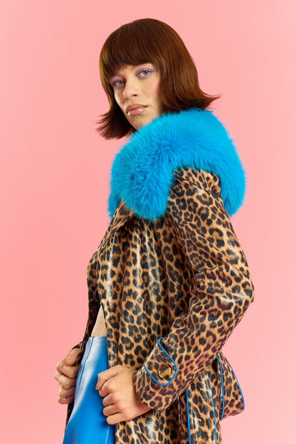 Blue Faux Suede Trench Coat with Faux Fur Collar