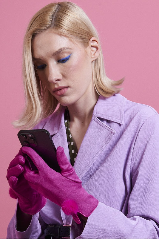 Pink Faux Suede Gloves With Faux Fur Pom