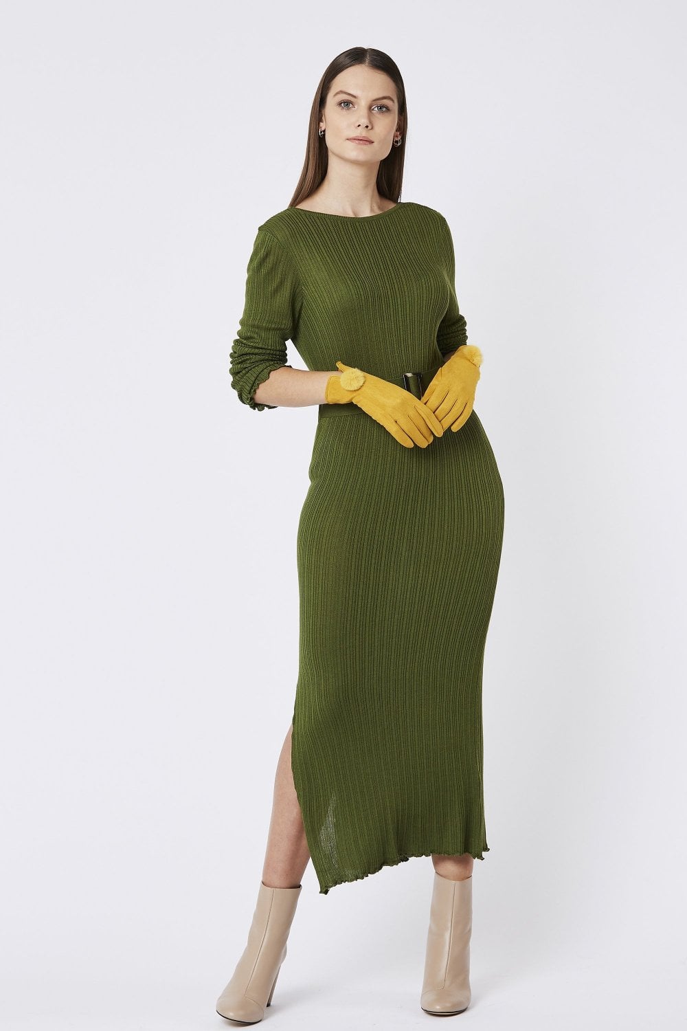 Yellow Faux Suede Gloves With Faux Fur Pom