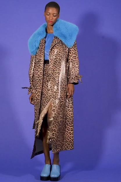 Mocha Banana Peel Eco Leather Leopard Print Trench Coat
