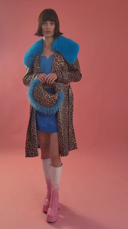 Blue Faux Suede Trench Coat with Faux Fur Collar