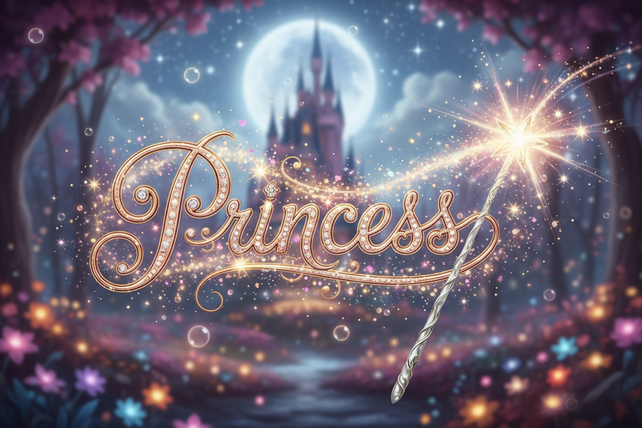 Princess text with magical sparkle and with magic wand