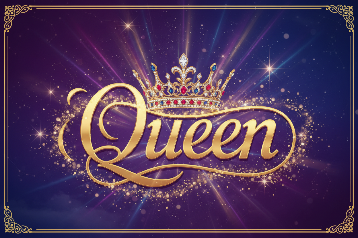 Queen text with magical sparkle and with queen crown