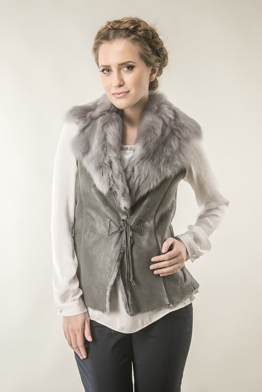 Gray Merino Fur Nappa Lamb Leather Vest