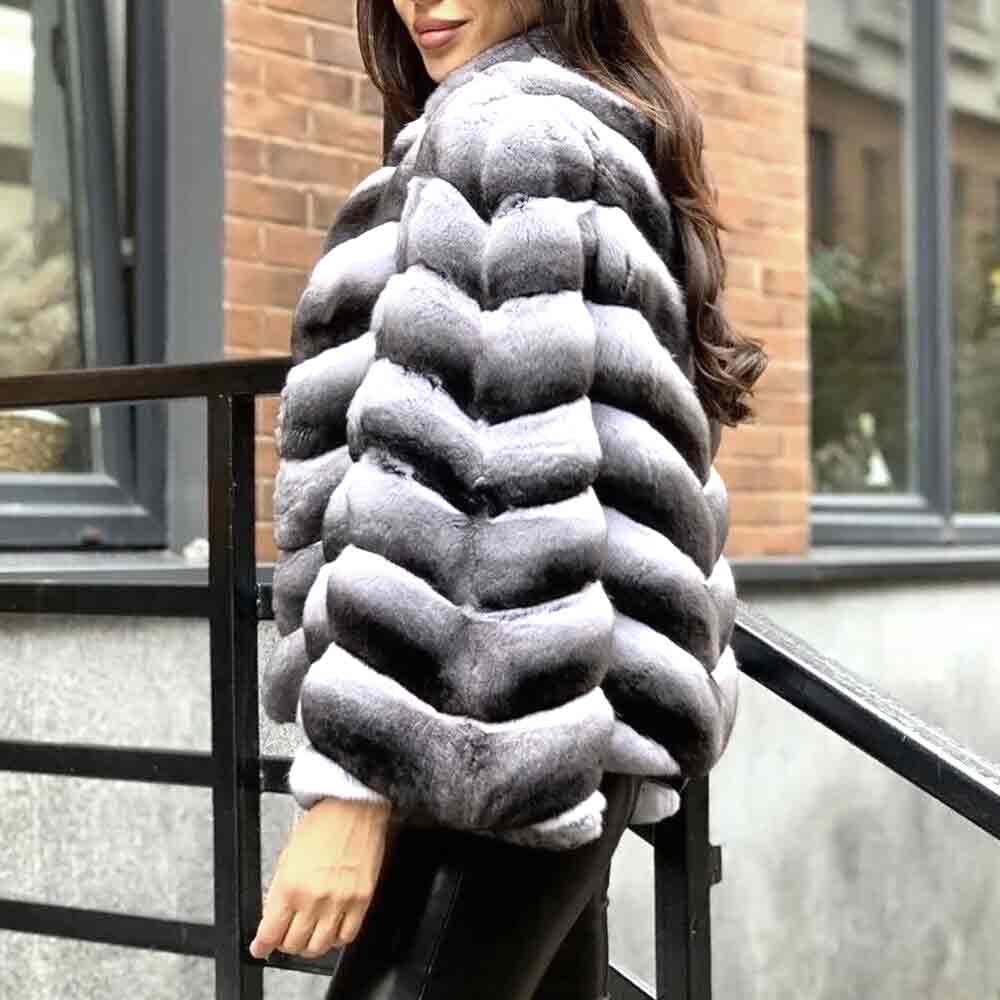 Rex Rabbit Fur Coat in Chinchilla Print 