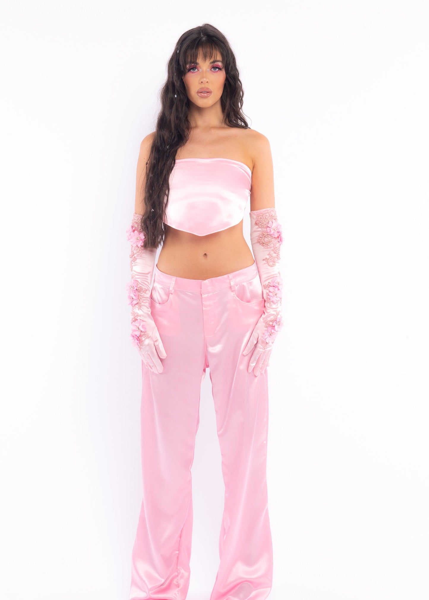 Pink Low Rise Silk Pants-0